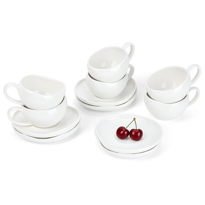 6-teiliges Keramik Espressotassen-Set mit Untertassen, gewelltes Design, Weiß/Creme