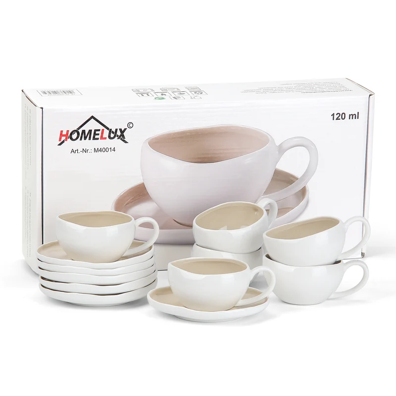6-teiliges Keramik Espressotassen-Set mit Untertassen, gewelltes Design, Weiß/Creme