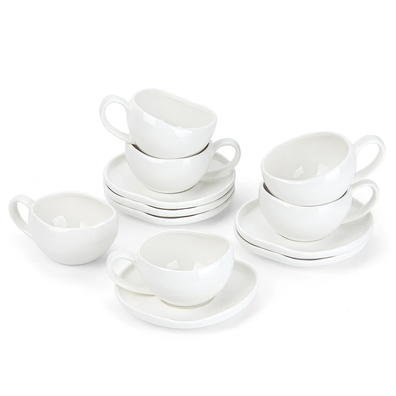 6-teiliges Keramik Espressotassen-Set mit Untertassen, gewelltes Design, Weiß/Creme