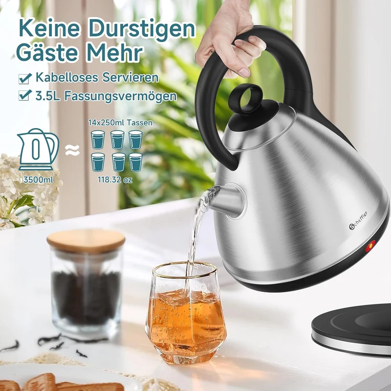 Scheffler Vintage Edelstahl-Wasserkocher 3,5L Kapazität 1800 Watt Kabelloser Teekessel mit 360° Drehbasis & Auto-Abschaltung