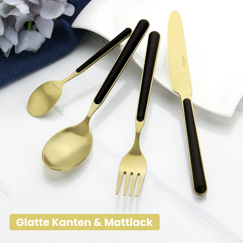 Besteckset 24-teilig für 6 Personen, Edelstahl-Besteck in Schwarz-Gold matt, spülmaschinengeeignet, inklusive Geschenkbox