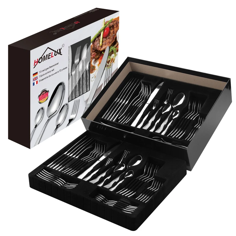 HOMELUX 72-teiliges Besteckset für 12 Personen aus Edelstahl, gehämmertes Design, hochglanzpoliert, spülmaschinenfest