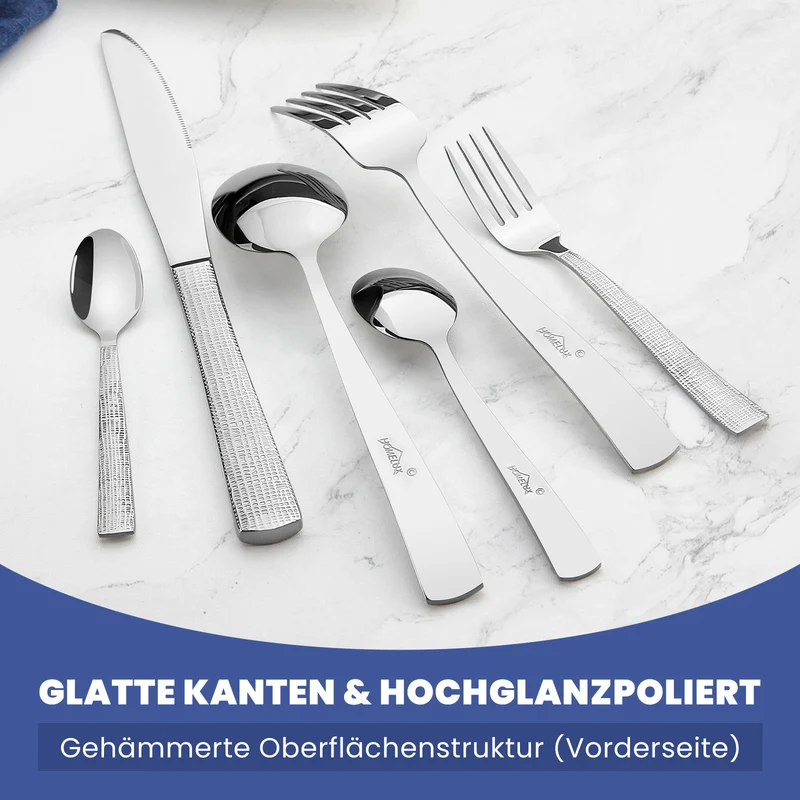 HOMELUX 72-teiliges Besteckset für 12 Personen aus Edelstahl, gehämmertes Design, hochglanzpoliert, spülmaschinenfest