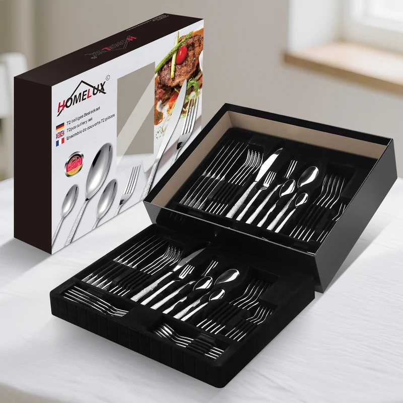 HOMELUX 72-teiliges Besteckset für 12 Personen, Edelstahl Tafelbesteck, Gehämmertes Design, Spülmaschinenfest