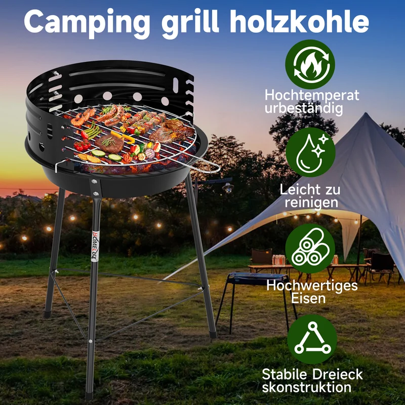 Tragbarer Holzkohlegrill mit Windschutz, höhenverstellbarer Dreibein Campinggrill für Garten, Balkon & Outdoor