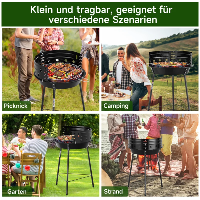 Tragbarer Holzkohlegrill mit Windschutz, höhenverstellbarer Dreibein Campinggrill für Garten, Balkon & Outdoor