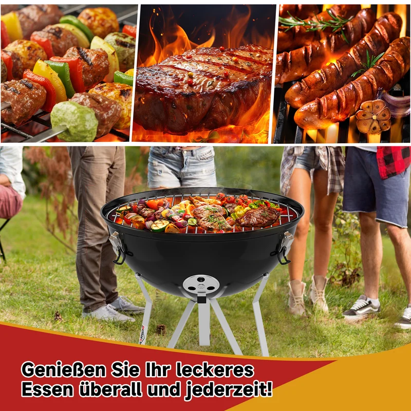 Tragbarer Holzkohle Kugelgrill Ø36cm, emaillierter Campinggrill Tischgrill für Balkon, Picknick & Outdoor