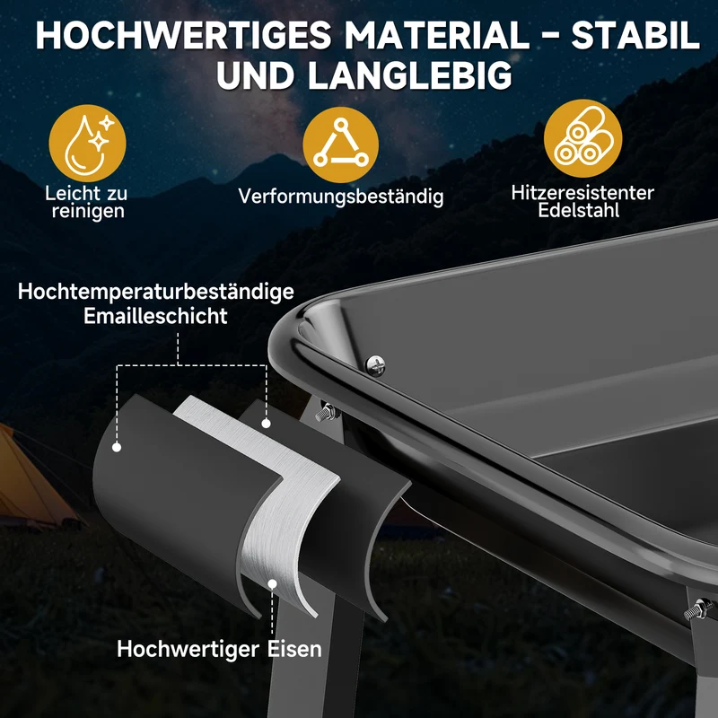 Holzkohle Grillwagen mit Drehspieß, Edelstahlrost, 5 Höhenstufen. Mobiler BBQ Grill mit 2 Holzablagen & Rädern