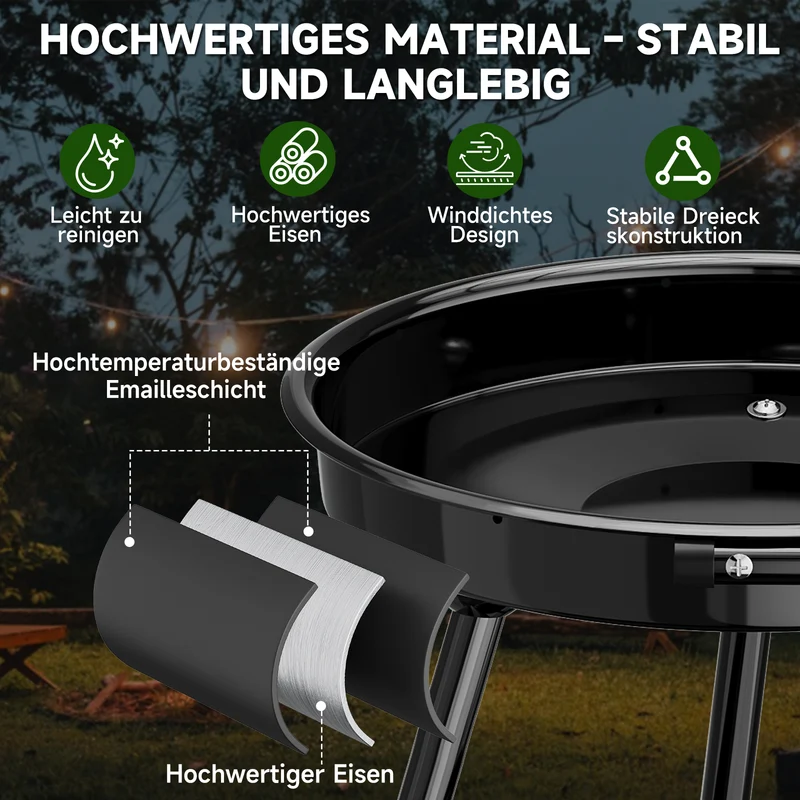 Holzkohlegrill mit Rollen, 39 x 39 + 36 x 14 cm, Garten & Park, Windschutz, Ablage, Warmhalterost, Rundgrill, schwarz