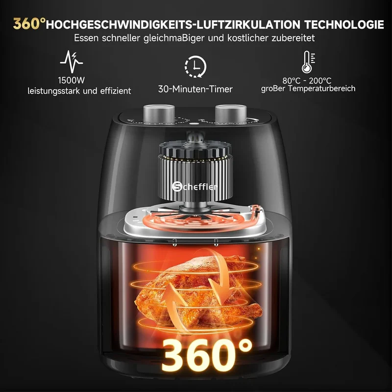 Scheffler Heißluftfritteuse Klein 4L 1500W Airfryer Mini fritteuse Kleine Größe Fritöse