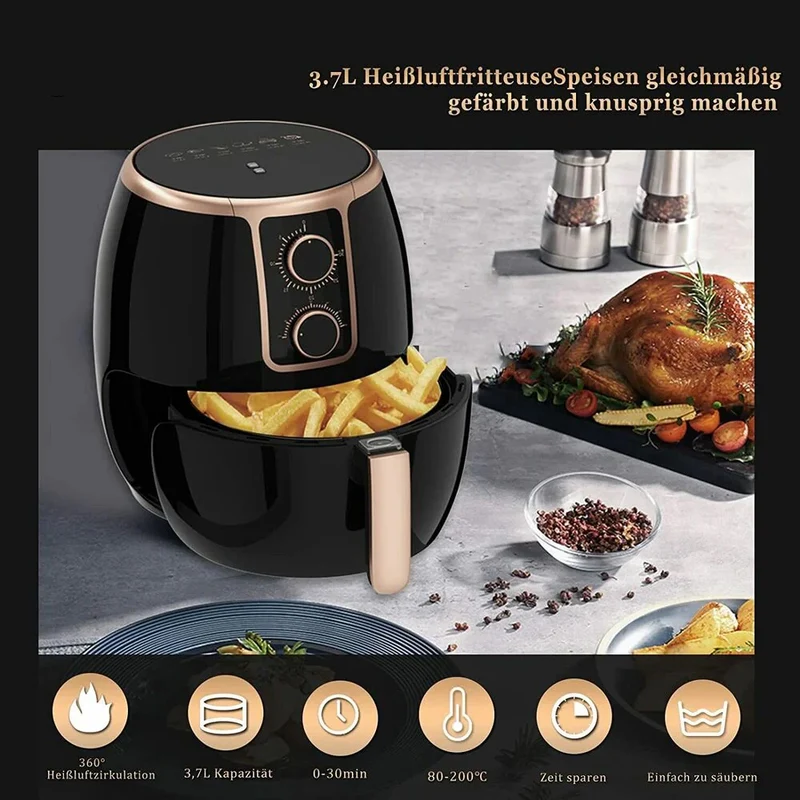Scheffler 3,7L Heißluftfritteuse, Fritteuse Heissluft Ohne Fett,1500W Airfryer, Power Air fryer,Heissluft Fritteusen Ohne Öl mit Thermostat und Timer