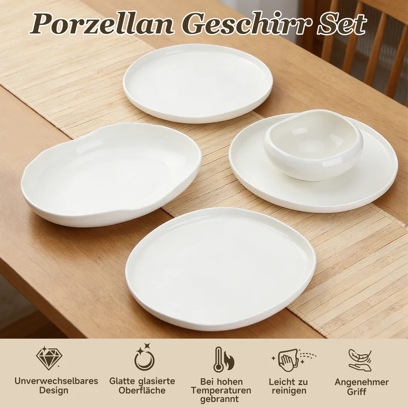 HOMELUX 24-teiliges Porzellan-Tafelservice für 6 Personen, modernes, weißes Geschirrset in asymmetrischer Form, spülmaschinenfest