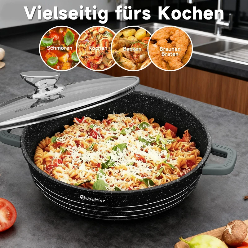 Scheffler Aluguss Kochtopf Set Antihaft Induktion Glasdeckel 3er Set energiesparend robust gleichmäßig gesund kochen 2 Größenwahl