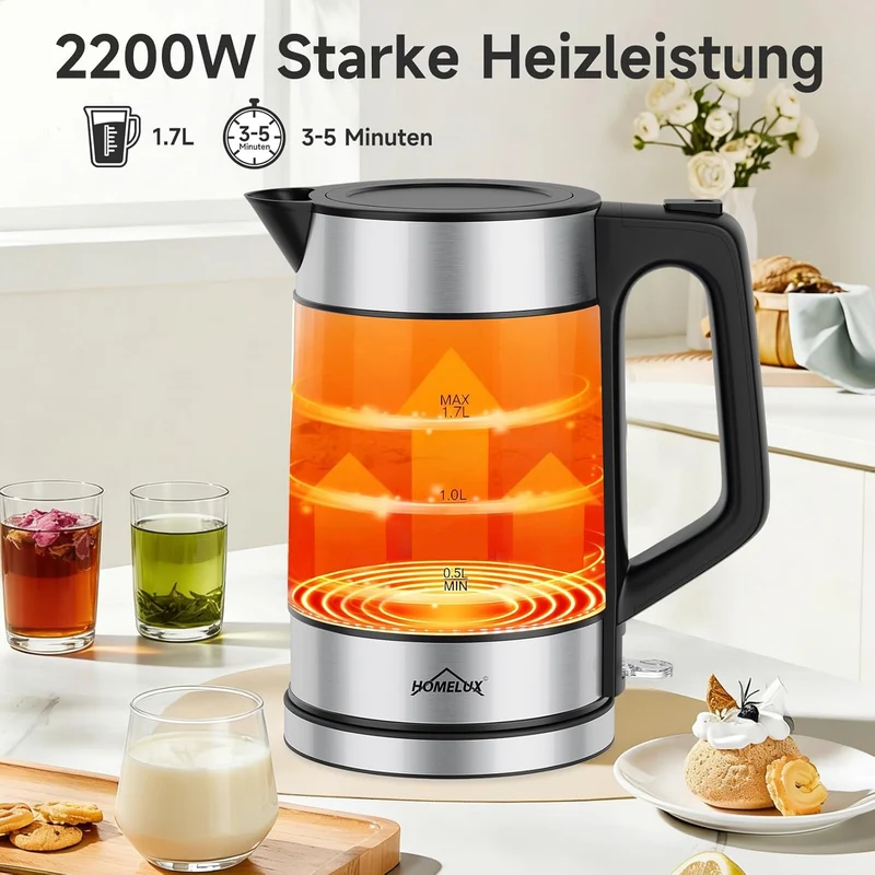 HOMELUX 1,7L Glaswasserkocher mit blauer LED, 2200W, Borosilikatglas, Edelstahl, BPA-frei, Automatische Abschaltung & Trockengehschutz