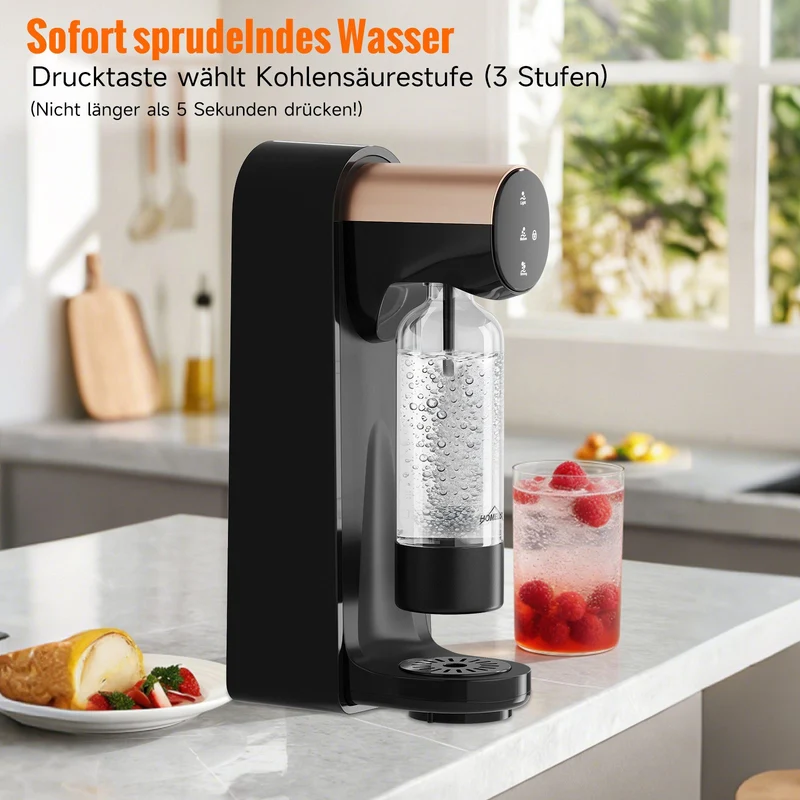 HOMELUX Elektrischer Wassersprudler, Touch-Bedienung, 3 Sprudelstärken, inkl. BPA-freier PET-Flasche, Schwarz