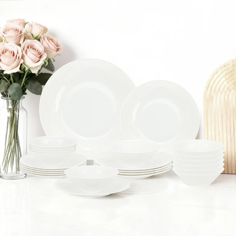 24-teiliges Keramik-Geschirrset für 6 Personen, spülmaschinenfest, modernes Rillendesign