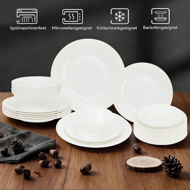 24-teiliges Keramik-Geschirrset für 6 Personen, spülmaschinenfest, modernes Rillendesign
