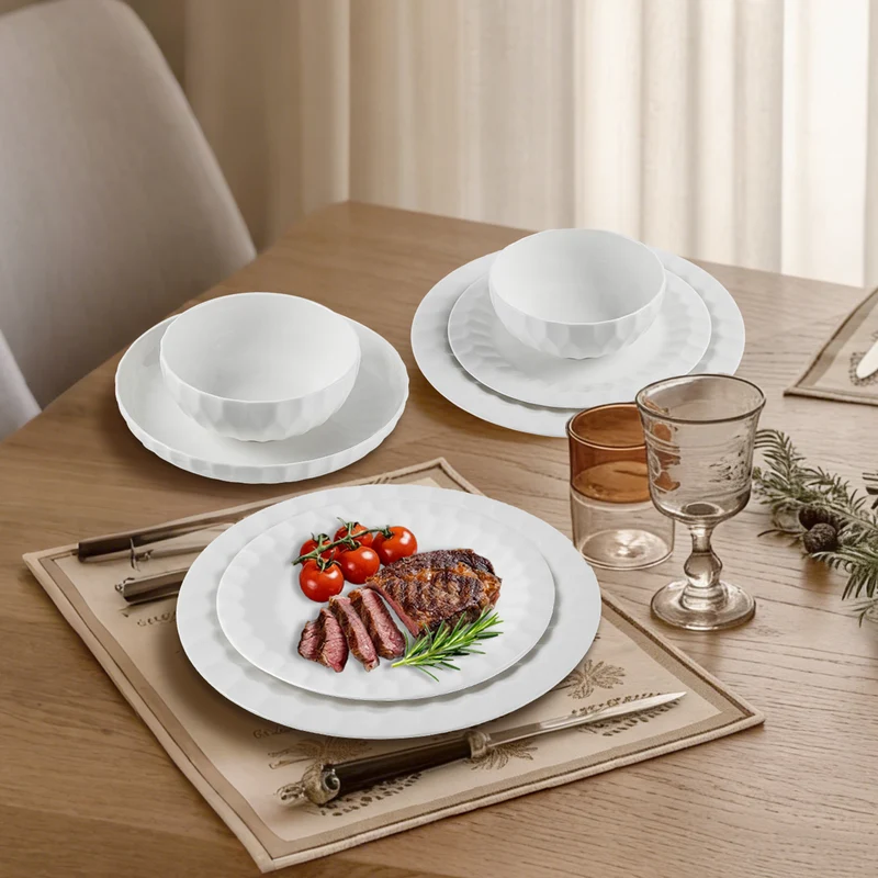 24-teiliges Keramik-Tafelgeschirr-Set für 6 Personen in elegantem Relief-Design, spülmaschinenfest