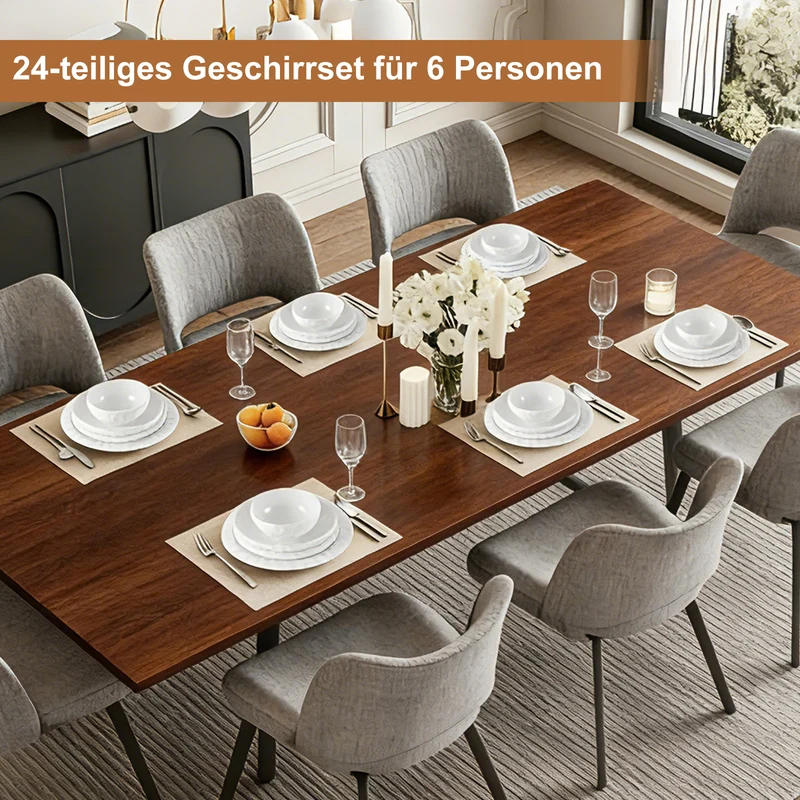 24-teiliges Keramik-Tafelgeschirr-Set für 6 Personen in elegantem Relief-Design, spülmaschinenfest
