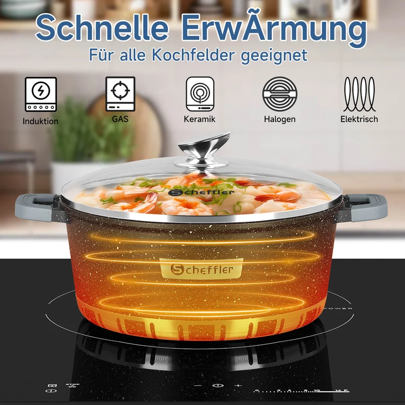 Scheffler Topfset Kochtopf Set mit Glasdeckel Antihaftbeschichtung Induktion für alle Herdarten geeignet