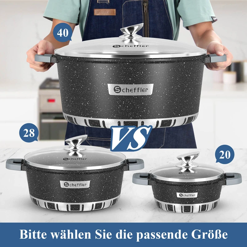 Scheffler Topfset Kochtopf Set mit Glasdeckel Antihaftbeschichtung Induktion für alle Herdarten geeignet