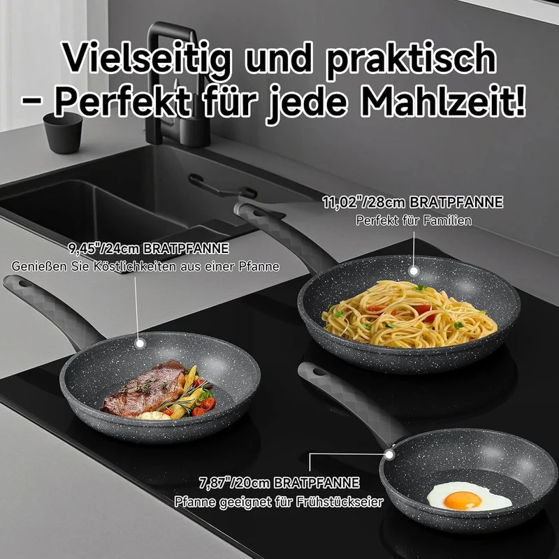 HOMELUX 3-tlg. Pfannenset Bratpfanne Ø20/24/28cm, beschichtete Pfannen mit Marmorbeschichtung, Induktion Pfanne, Pfannen für alle Herdarten, Grau