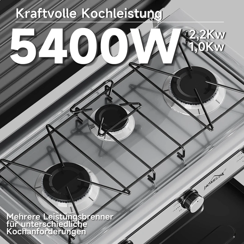HOMELUX 3-flammiger 5,4 kW Gaskocher Camping Gaskocher mit Regalen mit 1,5 m Anschlussschlauch und 50 mbar Druckminderer