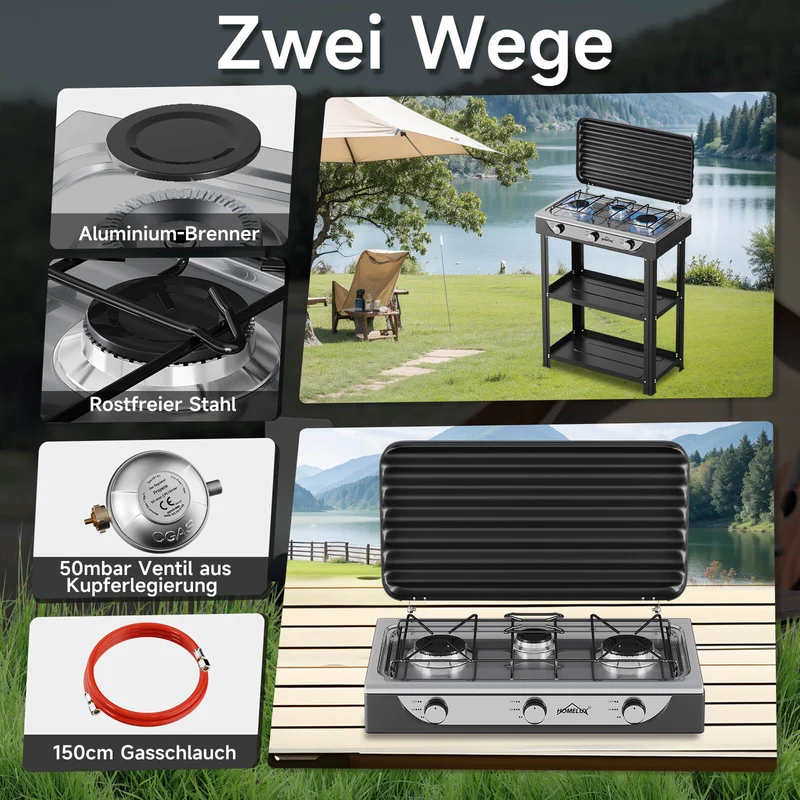 HOMELUX 3-flammiger 5,4 kW Gaskocher Camping Gaskocher mit Regalen mit 1,5 m Anschlussschlauch und 50 mbar Druckminderer