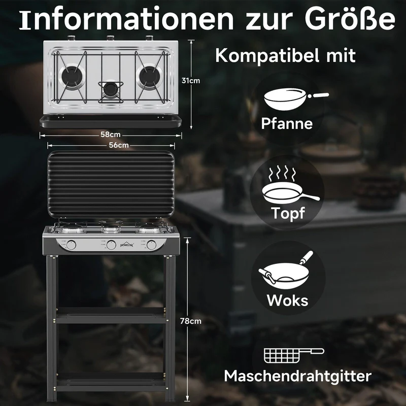 HOMELUX 3-flammiger 5,4 kW Gaskocher Camping Gaskocher mit Regalen mit 1,5 m Anschlussschlauch und 50 mbar Druckminderer