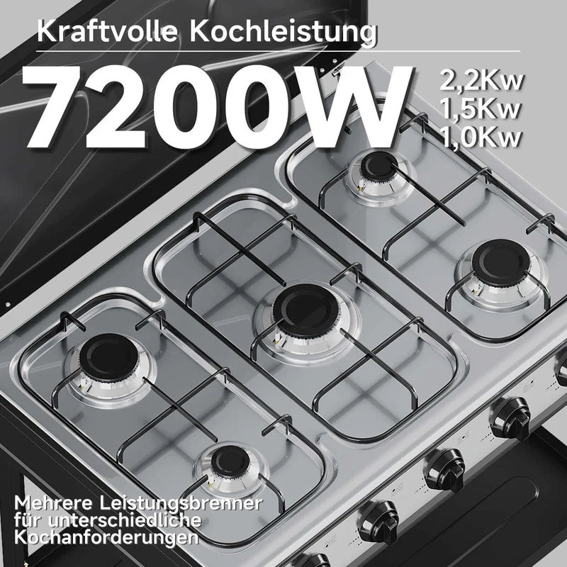HOMELUX 5-flammiger Camping Gaskocher mit Regalen 7,2 kW Gaskocher mit 1,5 m Anschlussschlauch und 50 mbar Druckminderer