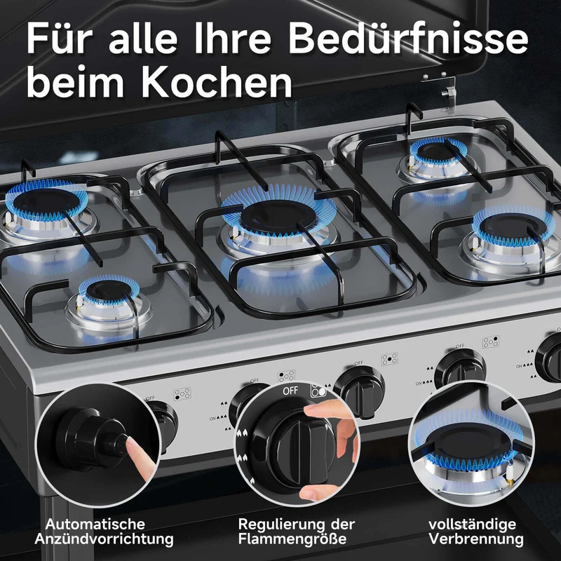 HOMELUX 5-flammiger Camping Gaskocher mit Regalen 7,2 kW Gaskocher mit 1,5 m Anschlussschlauch und 50 mbar Druckminderer