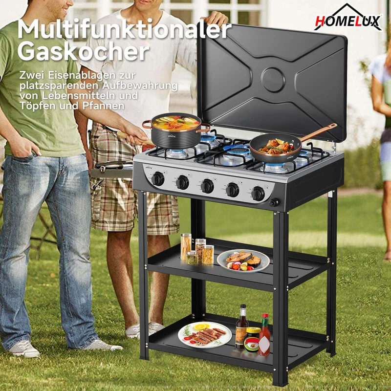 HOMELUX 5-flammiger Camping Gaskocher mit Regalen 7,2 kW Gaskocher mit 1,5 m Anschlussschlauch und 50 mbar Druckminderer