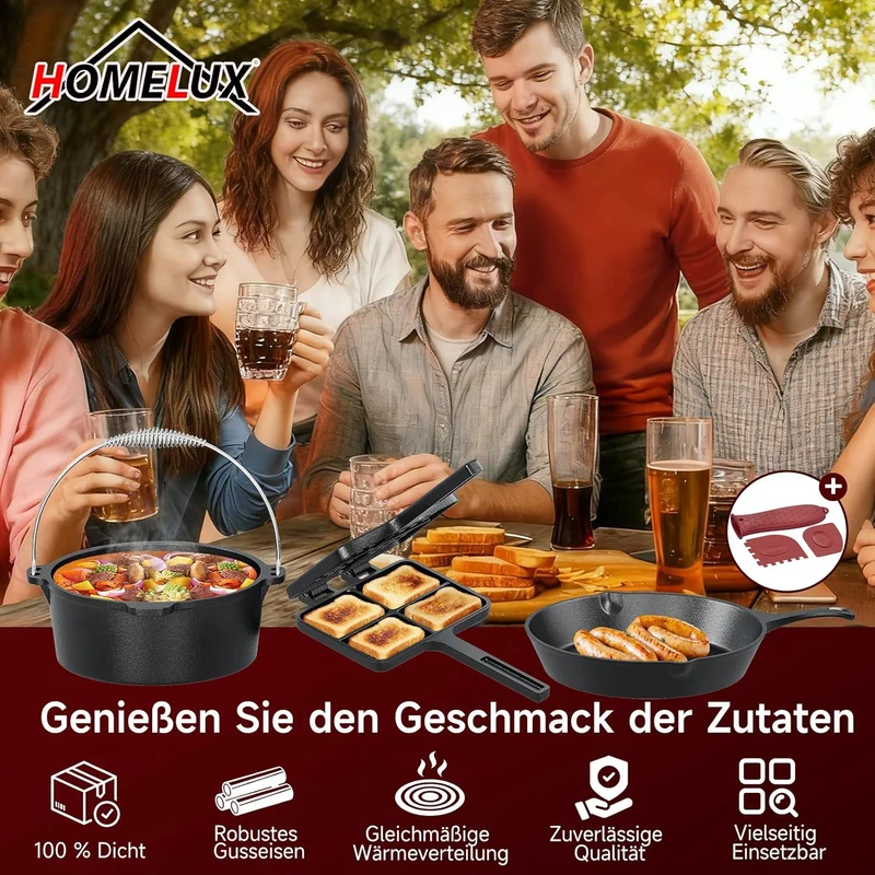 HOMELUX Gusseisen 12-teiliges Dutch Oven Set in Holzkiste – 4,5L Topf, 3,6L Saucier, Grillplatte, Bratpfanne & Komplettes Zubehör