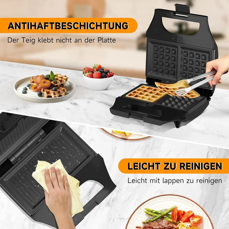 3-in-1 Sandwichtoaster & Waffeleisen von HOMELUX Kontaktgrill & Paninipresse, Antihaftbeschichtung, Leicht zu Reinigen