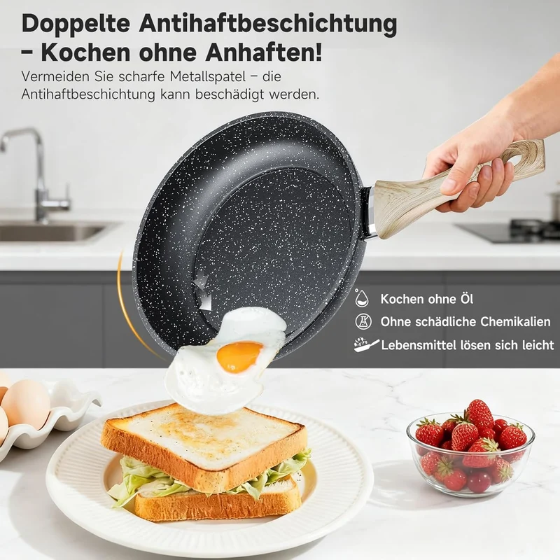 HOMELUX Pfannenset 3-teilig 20/24/28 cm, Antihaft Bratpfannen aus Kohlenstoffstahl mit Holzgriff, induktionsgeeignet