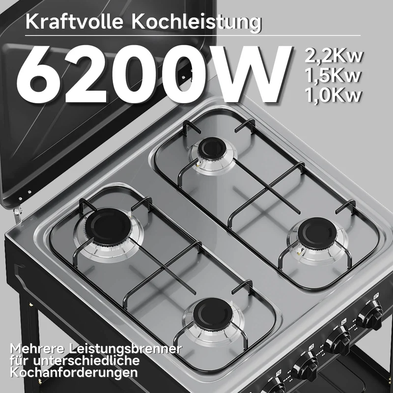 HOMELUX 4-flammiger Camping Gaskocher mit Regalen 6,2 kW Gaskocher mit 1,5 m Anschlussschlauch und 50 mbar Druckminderer