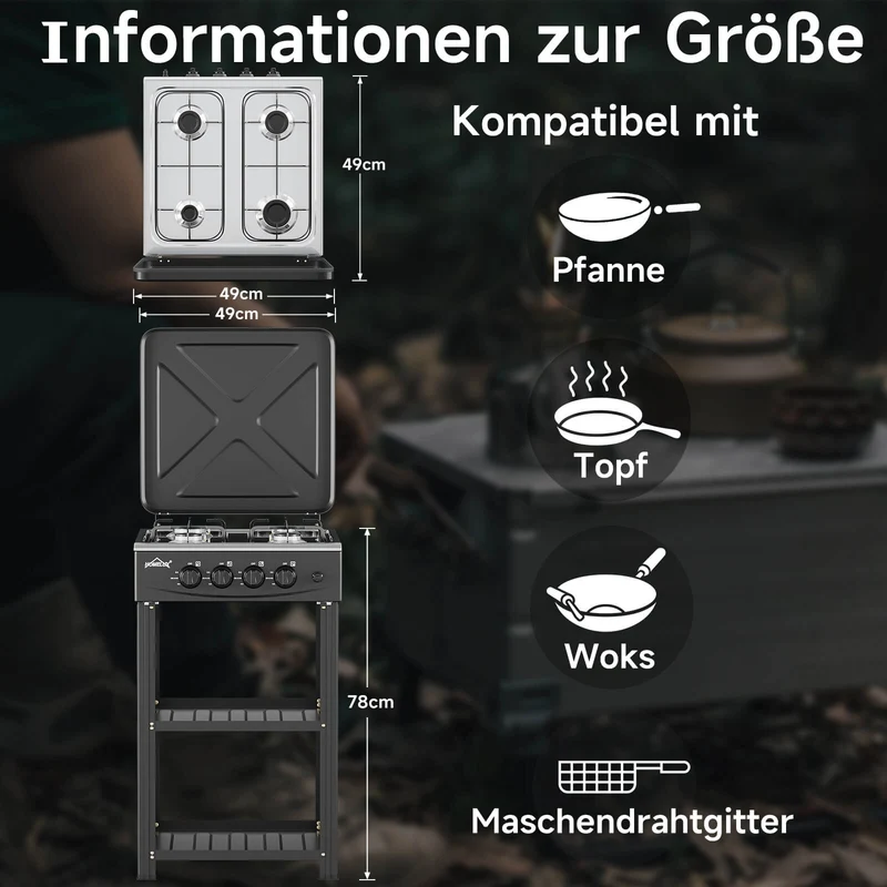 HOMELUX 4-flammiger Camping Gaskocher mit Regalen 6,2 kW Gaskocher mit 1,5 m Anschlussschlauch und 50 mbar Druckminderer