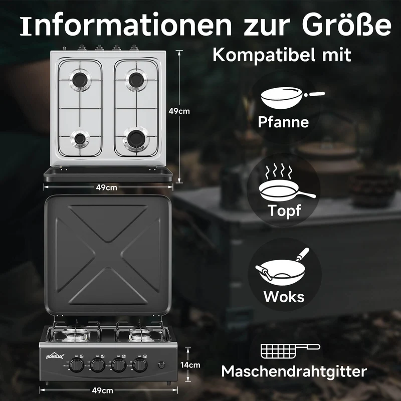 HOMELUX 4-flammiger Camping Gaskocher 6,2 kW Outdoor Kocher mit 1,5 m Anschlussschlauch & 50 mbar Druckminderer