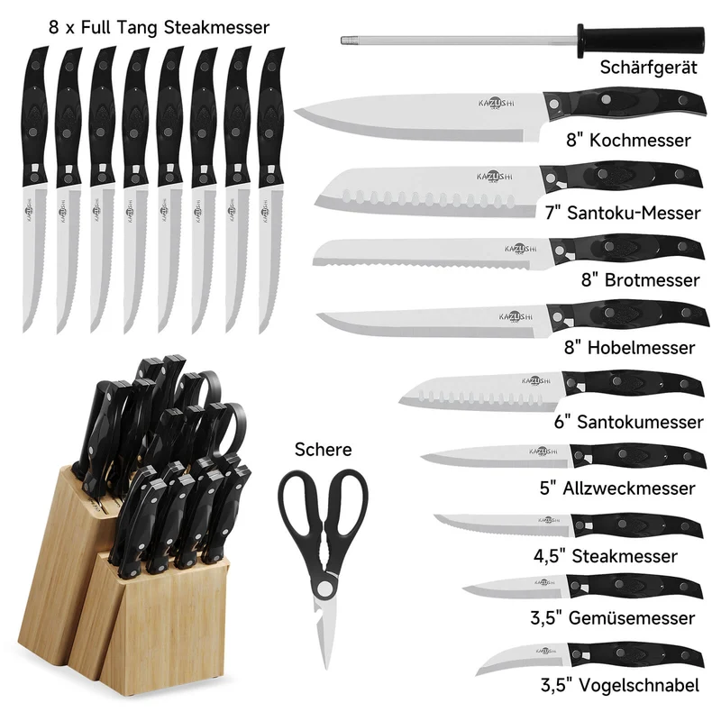 19-teiliges Profi Messerset mit Holzblock – Superscharf, ergonomisch, rostfrei – Küchenmesser, Schärfer, Schere, All-in-One Set