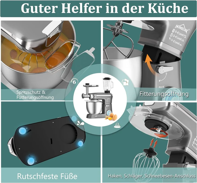 HOMELUX 3-in-1 Küchenmaschine 6L / 5L Fleischwolf, Knetmaschine, 6-stufiger Mixer, 1.5L Saftpresse, Edelstahlschüssel