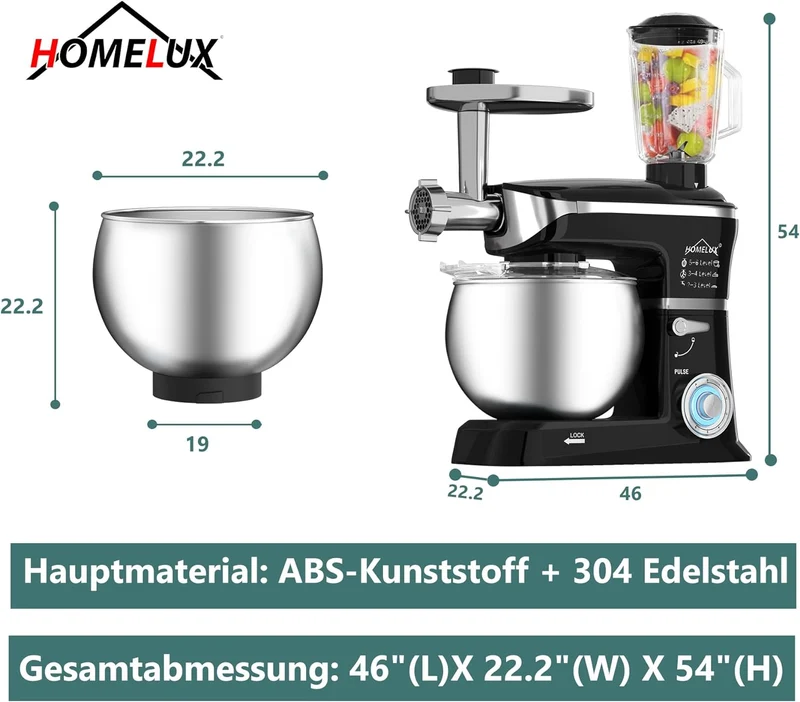 HOMELUX 3-in-1 Küchenmaschine 6L / 5L Fleischwolf, Knetmaschine, 6-stufiger Mixer, 1.5L Saftpresse, Edelstahlschüssel