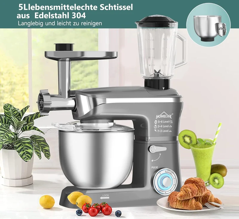HOMELUX 3-in-1 Küchenmaschine 6L / 5L Fleischwolf, Knetmaschine, 6-stufiger Mixer, 1.5L Saftpresse, Edelstahlschüssel