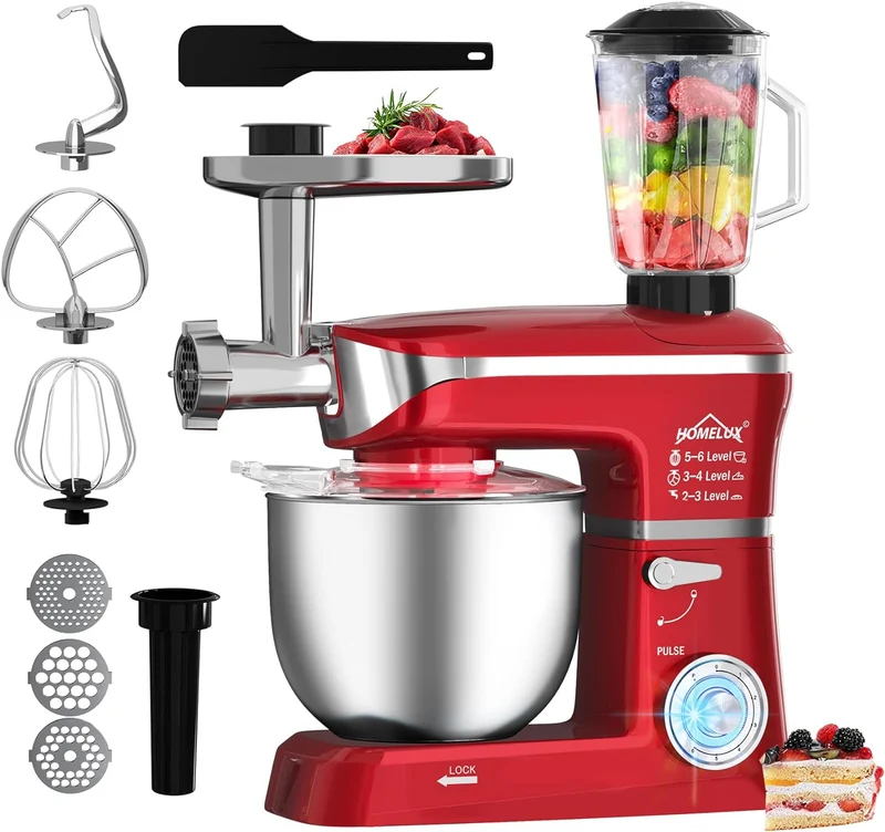 HOMELUX 3-in-1 Küchenmaschine 6L / 5L Fleischwolf, Knetmaschine, 6-stufiger Mixer, 1.5L Saftpresse, Edelstahlschüssel