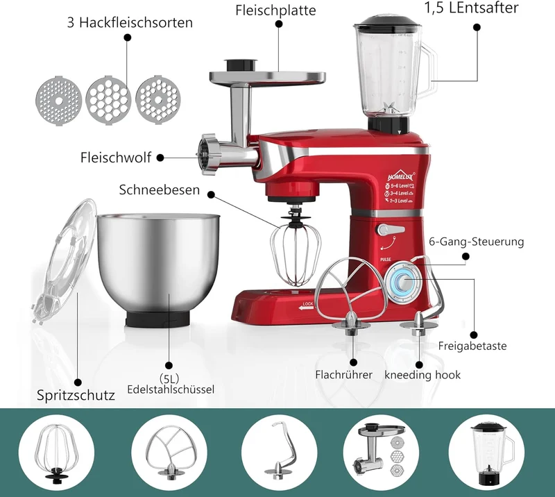 HOMELUX 3-in-1 Küchenmaschine 6L / 5L Fleischwolf, Knetmaschine, 6-stufiger Mixer, 1.5L Saftpresse, Edelstahlschüssel