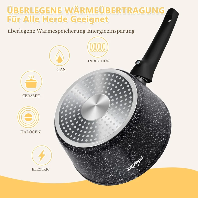 HOMELUX Antihaft-Milchtopf Induktion Kleiner Stieltopf mit Ausguss & abnehmbarem Griff Alu-Stielkasserolle beschichtet