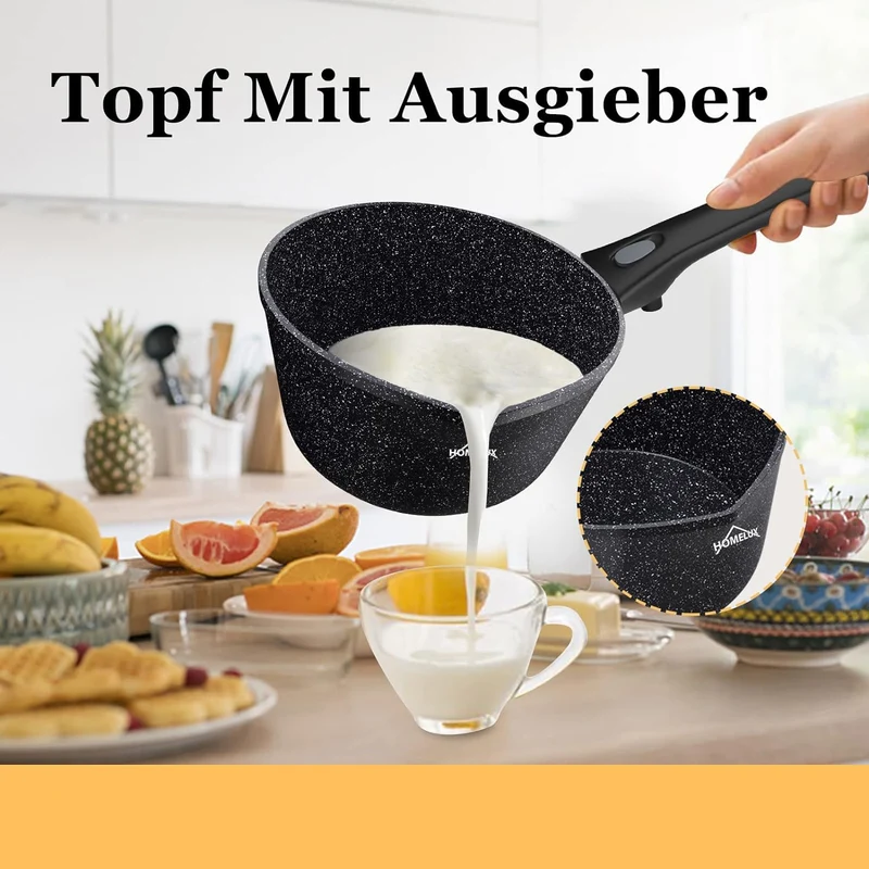 HOMELUX Antihaft-Milchtopf Induktion Kleiner Stieltopf mit Ausguss & abnehmbarem Griff Alu-Stielkasserolle beschichtet