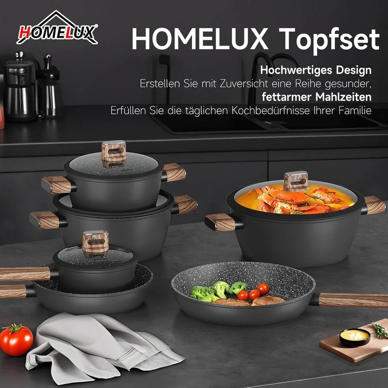 10-teiliges Topfset Induktion Antihaft, hitzebeständig, aus Aluminium mit Glasdeckeln ideal für alle Herdarten