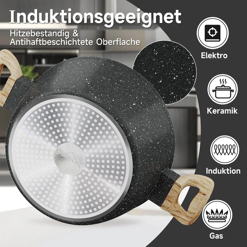 12-tlg Topf und Pfannen Set Topfset Induktion 12-teilige Kochtopf mit Glasdeckel Töpfe und Bratpfanne Set