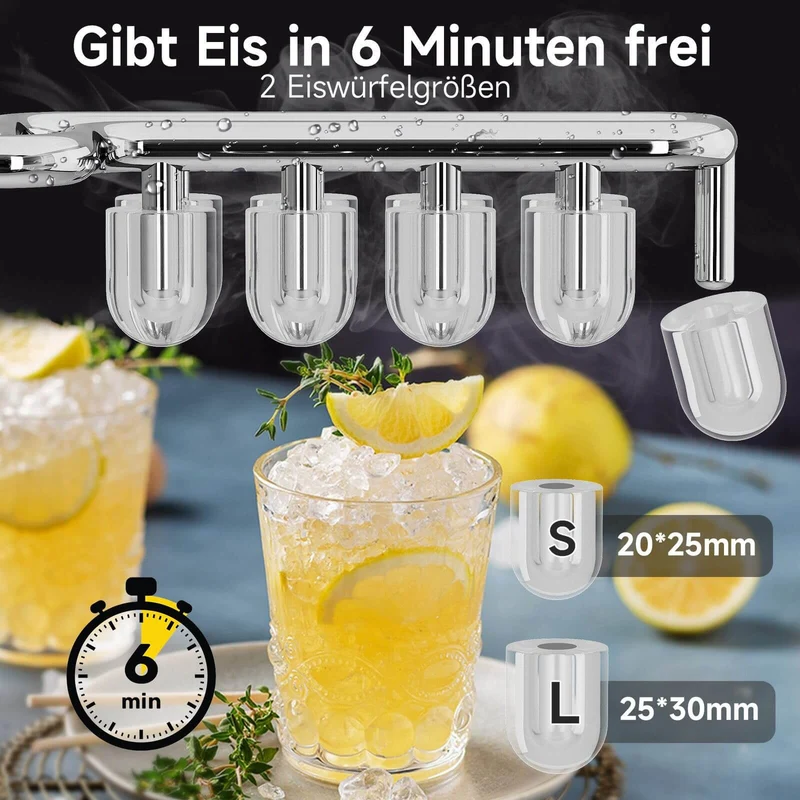 Eiswürfelmaschine 1,4 L Ice Maker, 2 wählbare Eiswürfelgrößen, 9 Eiswürfel in 6 Minuten, Selbstreinigungsfunktion Weiß