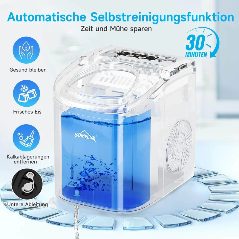 Eiswürfelmaschine 1,4 L Ice Maker, 2 wählbare Eiswürfelgrößen, 9 Eiswürfel in 6 Minuten, Selbstreinigungsfunktion Weiß